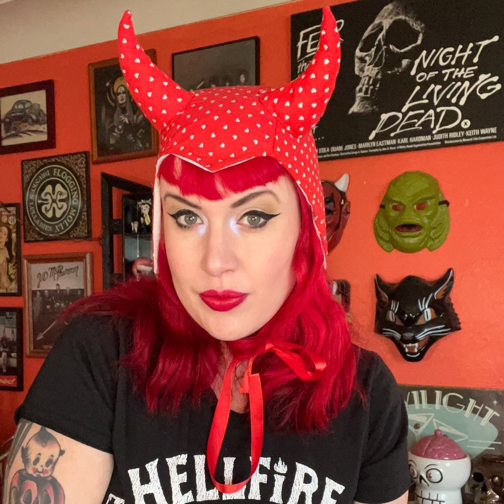 Red white hearts devil bonnet